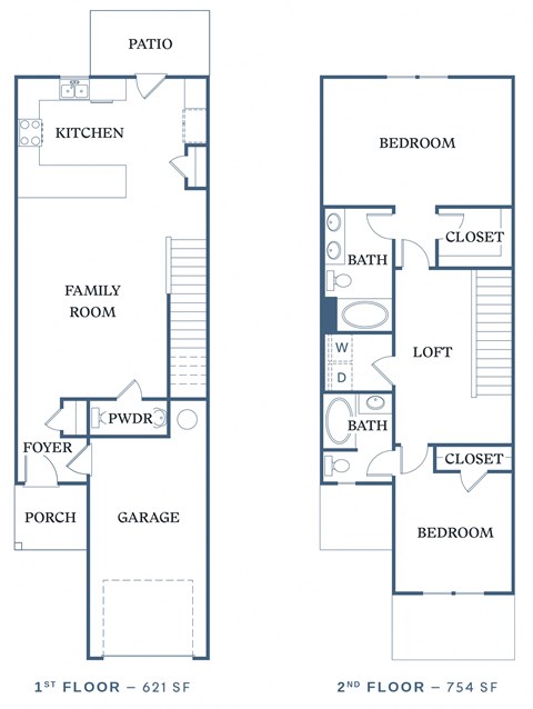 Floor plan for 2 beds, 2.5 baths, 1375 sqft